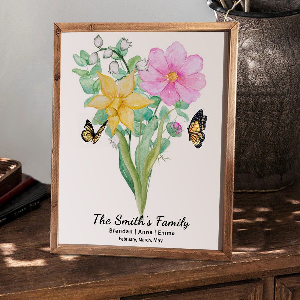 Custom Birth Flower Family Bouquet Wood Sign Art With Names For Christmas Mother's Day Gift Ideas