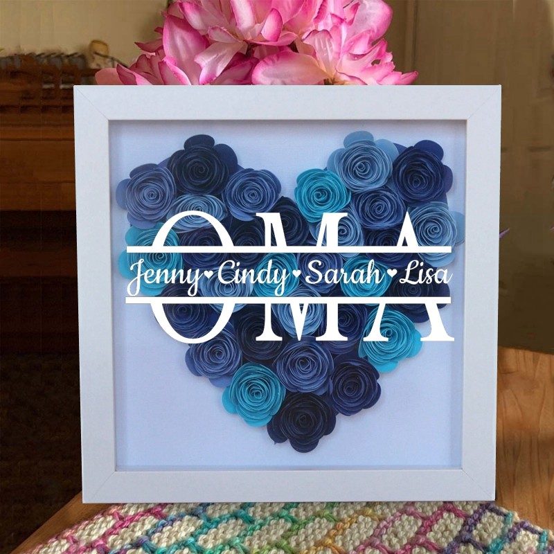 Personalisierte herzförmige Blumen-Schattenbox mit Kindernamen für Oma