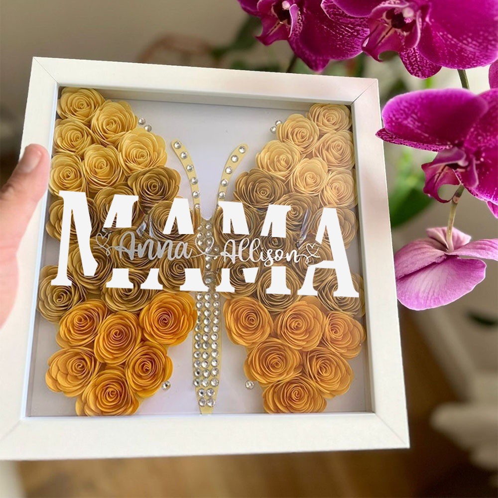 Personalisierte Mama Schmetterling Blume Schatten Box mit Kindern Namen für Muttertag