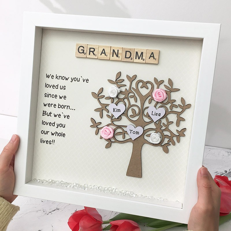 Personalisierter Stammbaum mit Holzrahmen, Namensgravur, Heimdekoration für Oma und Mutter