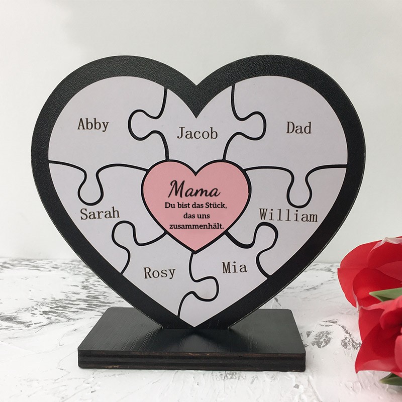 Personalisierter Rahmen "Mama, du bist das Stück, das uns zusammenhält", Puzzleteile, Namensschild