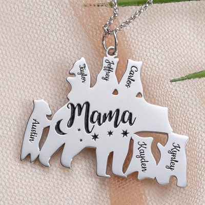 Silberne personalisierte Mama Bär Halskette 1-8 Namen für Muttertagsgeschenk