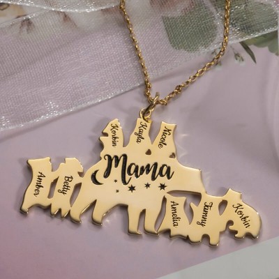 18 Karat vergoldete personalisierte Mama Bär Halskette 1-8 Namen für Muttertagsgeschenk