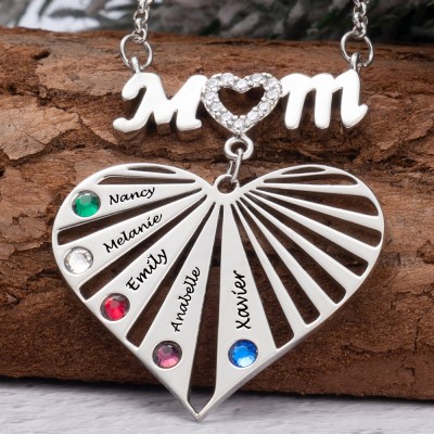 Personalisierte Mama-Herz-Halskette mit Namen und Geburtsstein des Kindes