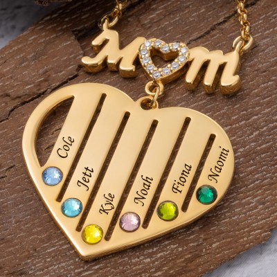 Personalisierte Mama-Herz-Halskette mit Kindernamen und Geburtssteinen