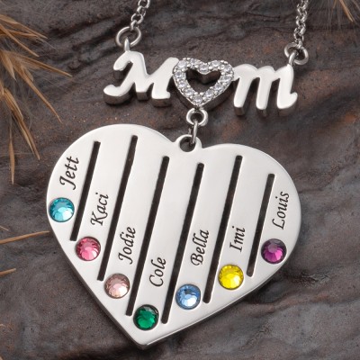 Personalisierte Mama-Herz-Halskette mit Kindernamen und Geburtssteinen
