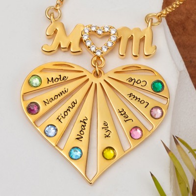 Personalisierte Mama-Herz-Halskette mit Namen und Geburtsstein des Kindes
