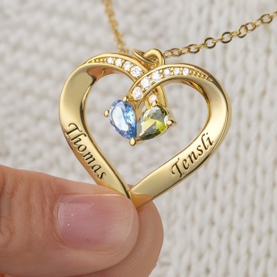 Personalisierte Paarnamen-Herz-Halskette mit Geburtssteinen, Valentinstagsgeschenken