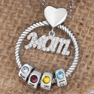Personalisierte Kreis-Anhänger-Halskette mit Namen und Geburtssteinperlen für Muttertag, Weihnachten
