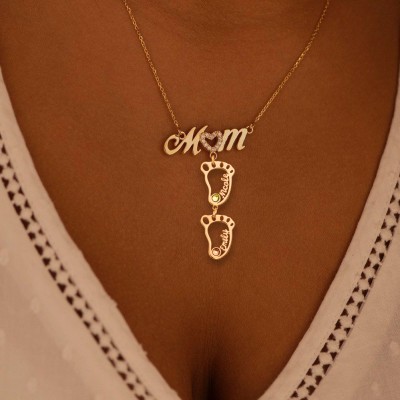 Silberne personalisierte 1-10 hohle BabyFeet Name Mama Halskette mit Geburtssteinen